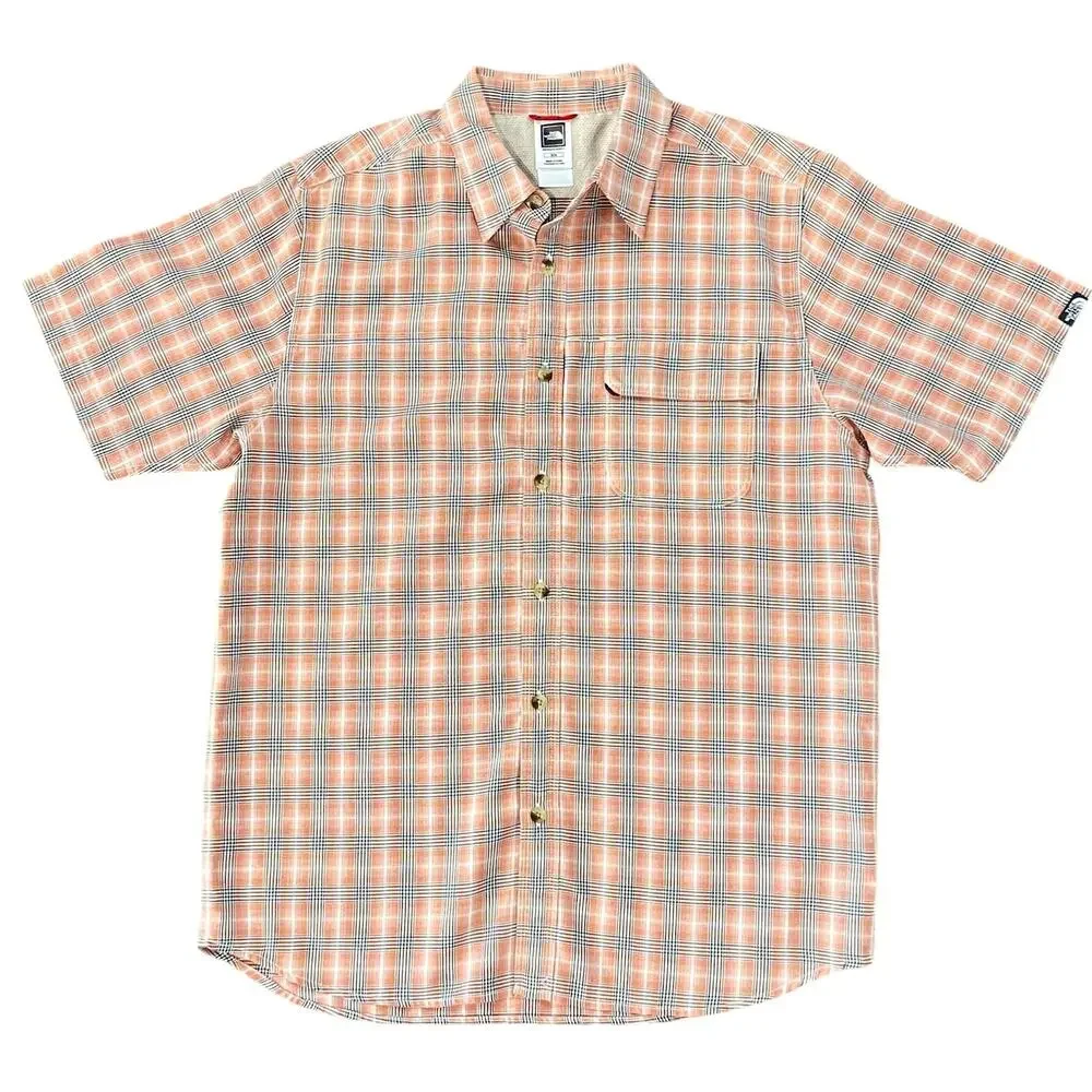 THE NORTH FACE Button Down Dress Shirt Mens M Short Sleeve Collared Orange Plaid